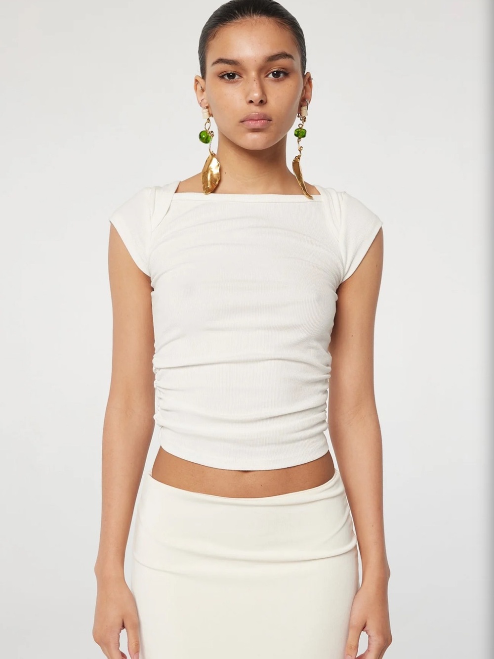 The Line by K White Square-Neck Ruched Cap-Sleeve Crop Top